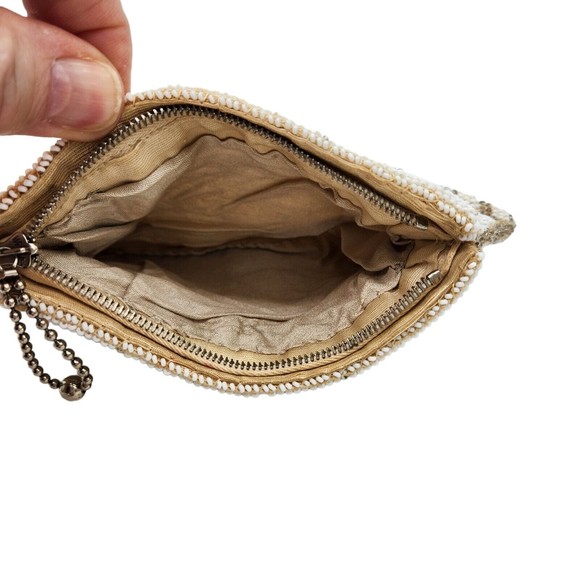 Antique  Vintage White Tan Beaded Evening Bag Clutch Purse Small  Sash Loop - Picture 4 of 5